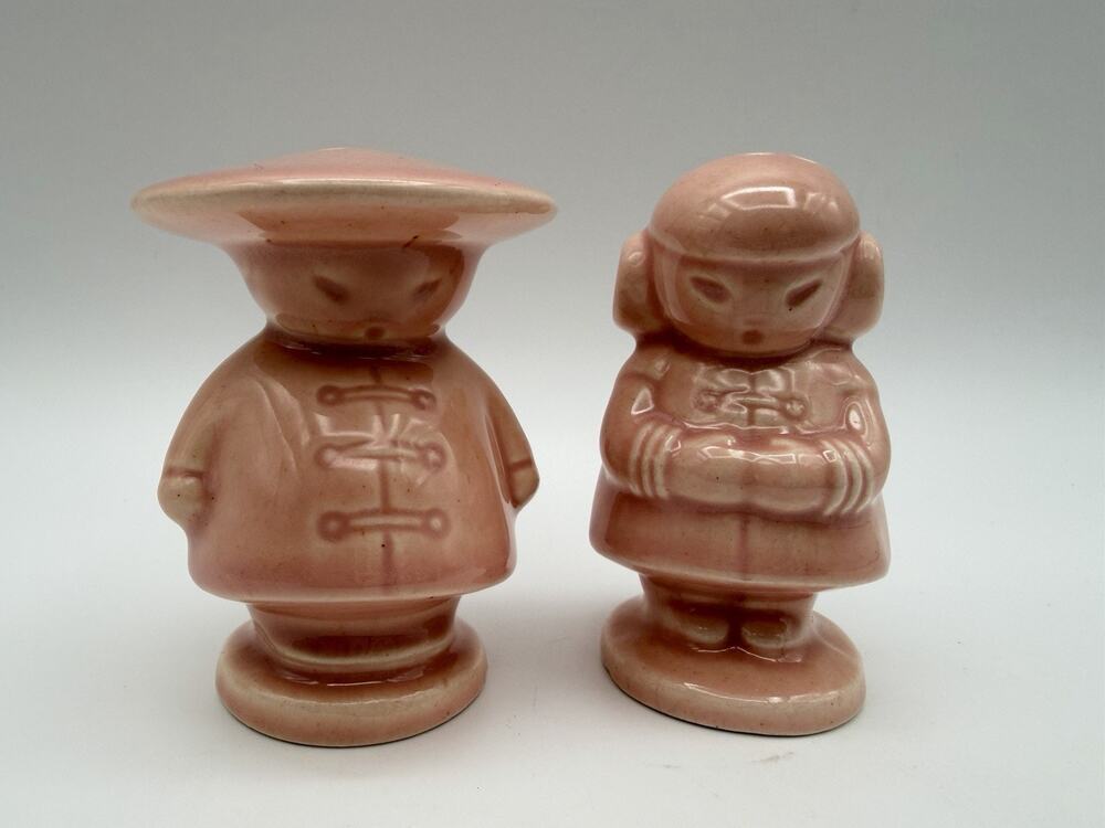 Vintage Dusty Pink Glazed Ceramic Salt & Pepper Shakers 3” Asian Boy & Girl Pair
